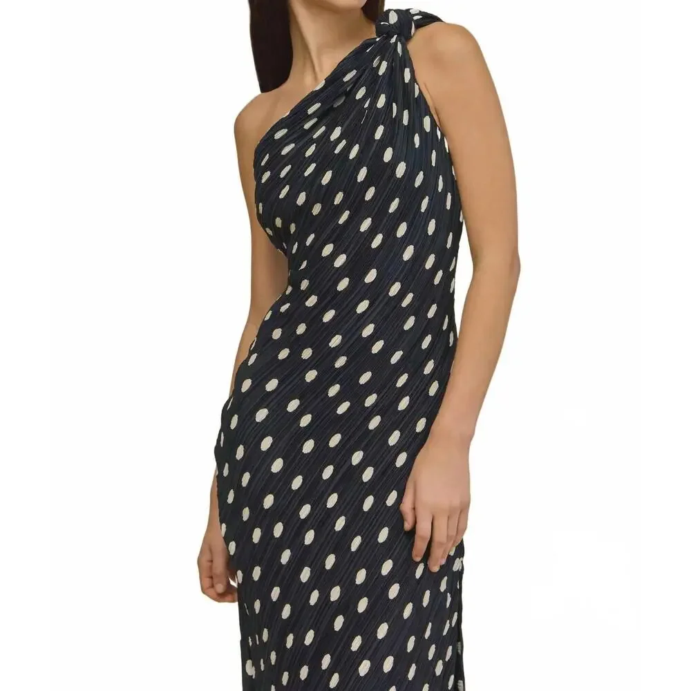 cult gaia Navy One-Shoulder Maxi Dress with Cream Dot Print